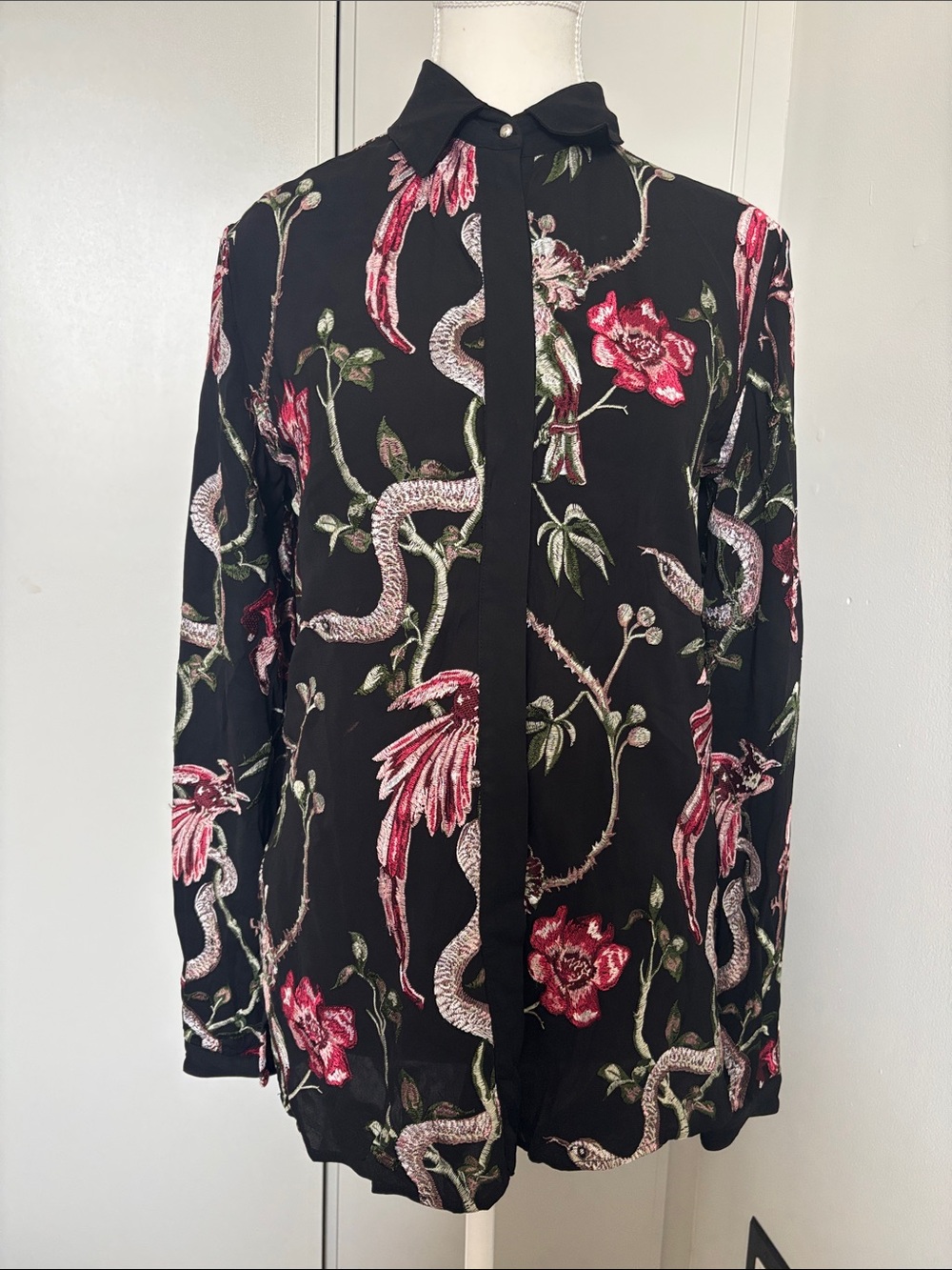 Just Cavalli Black Blouse with Embroidery Floral, Bird & Snake Motif